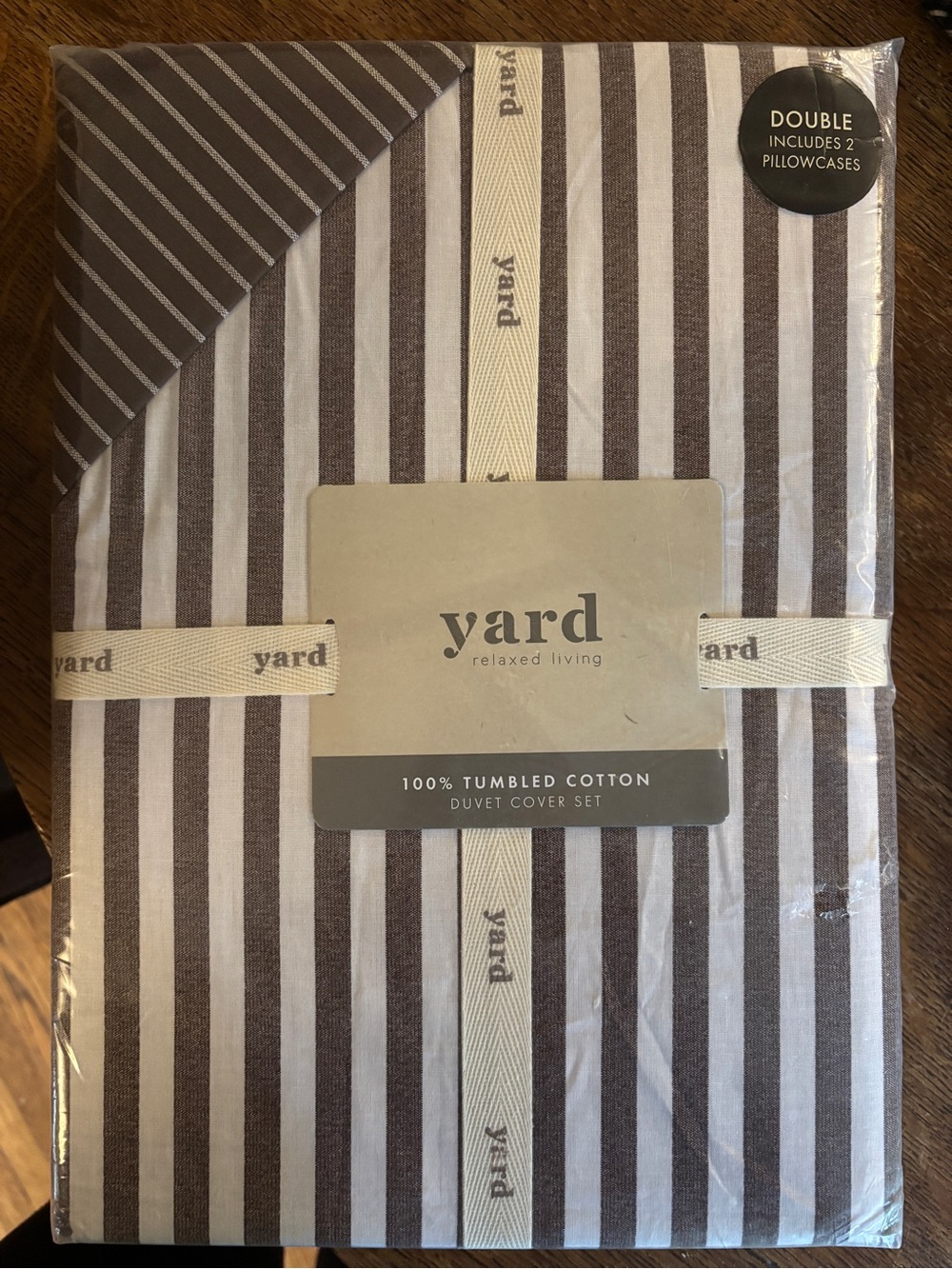Next Yard Striped Tumbled Cotton Duvet Cover Set - Brown & White